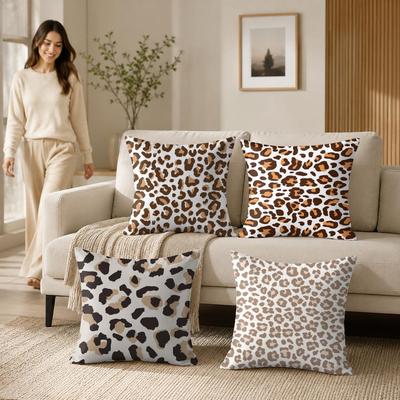 Cream Leopard Pattern Cushion Cover Silky Short Plush Invisible Zipper Dustproof Sofa Pillow Case For Home Decor