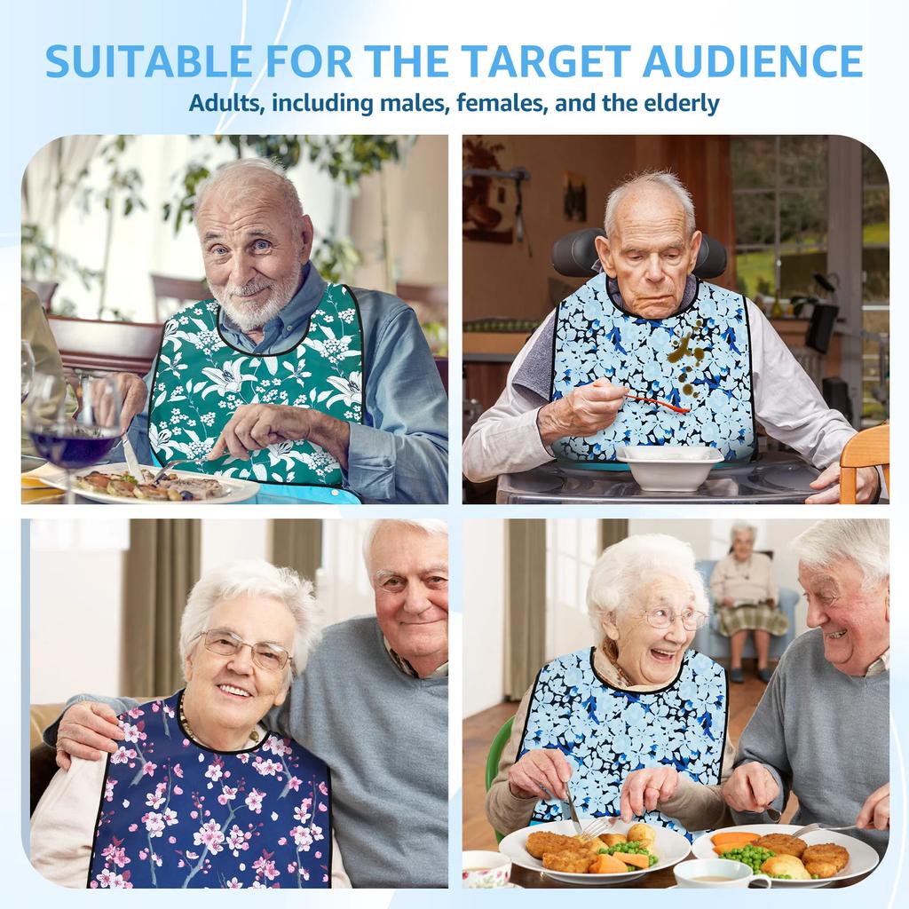 3 Pcs Adult Bib Polyester Waterproof Clothing Protector with Crumb Catcher Exquisite Floral Design Washable Elderly Eating Bib