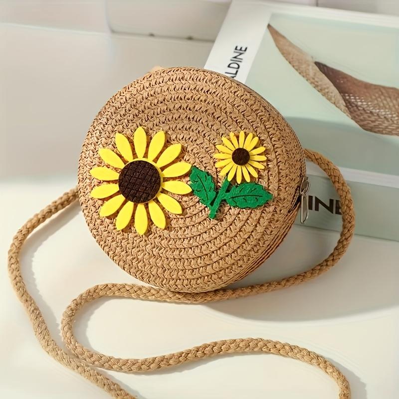 2-in-1 Floral Straw-Style Tote Bag with Zipper Closure Cute Cartoon Sunflower Design for Beach, Vacation, Daily Commute & Casual Outings