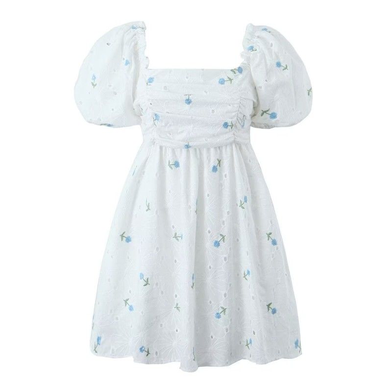 

Xiaoqing Xinju Slim Backless Square Collar Dress Embroider Little Orchid Embroider Dress(High quality) S