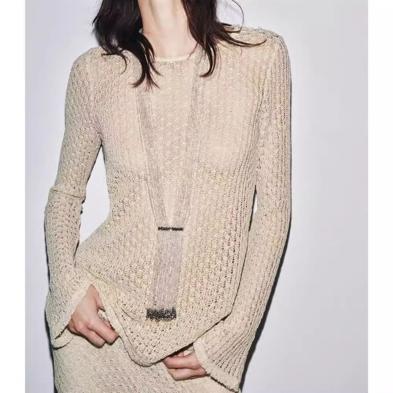 Zbzr Spring New Women clothes Metal Wire Mesh Waist Straight Collar Top Pants 5644448 564444