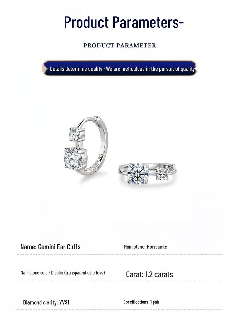 Genuine S925 Sterling Silver Double Diamond Moissanite Earrings Plated In 18K White Gold - Light Luxury Cold Style Hoops & Studs