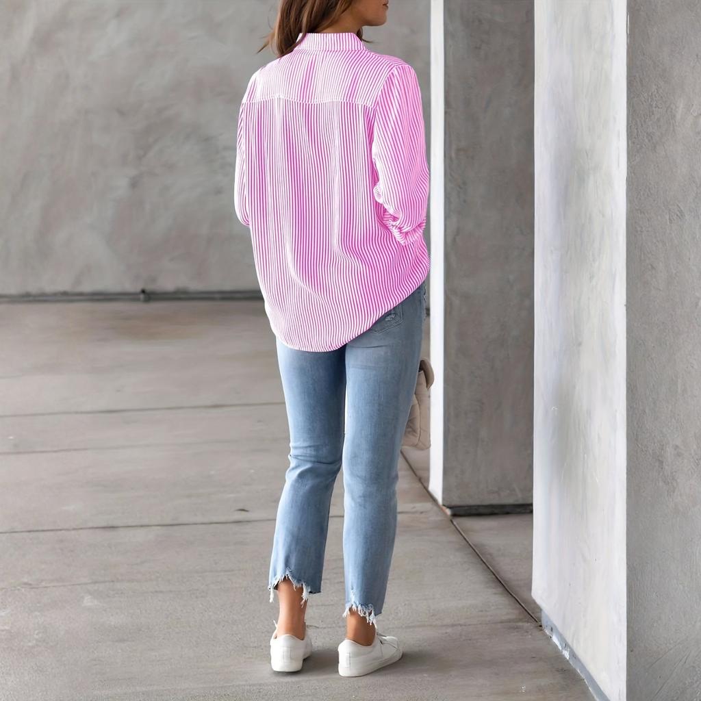 Camicia da donna a maniche lunghe a righe tinta unita, colletto button-down, camicia ampia
