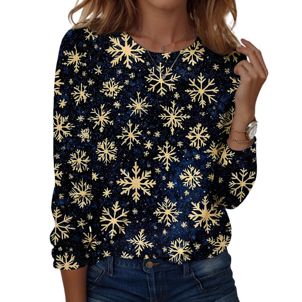 Damska modna bluzka z długim rękawem i okrągłym dekoltem