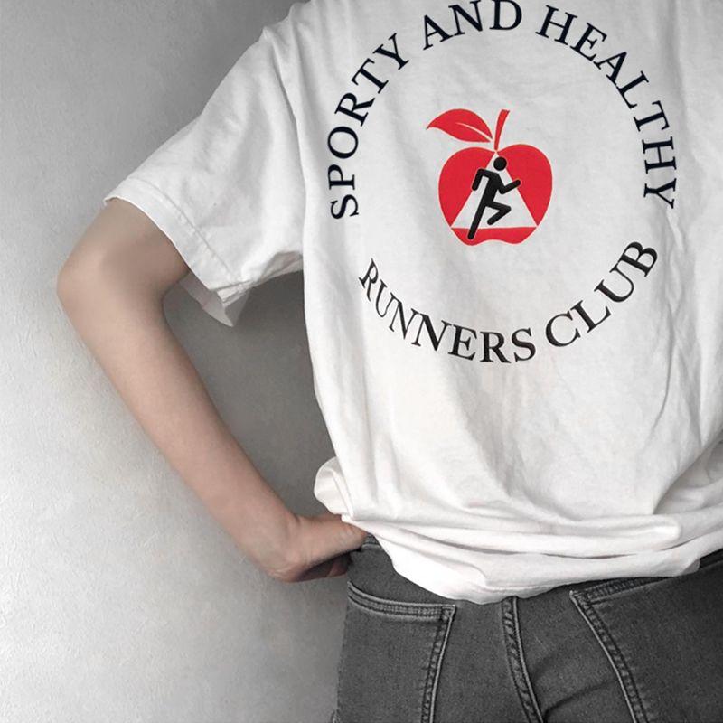 Runners Club American Retro Sports Style Pure Cotton Short-Sleeved T-shirt for Women