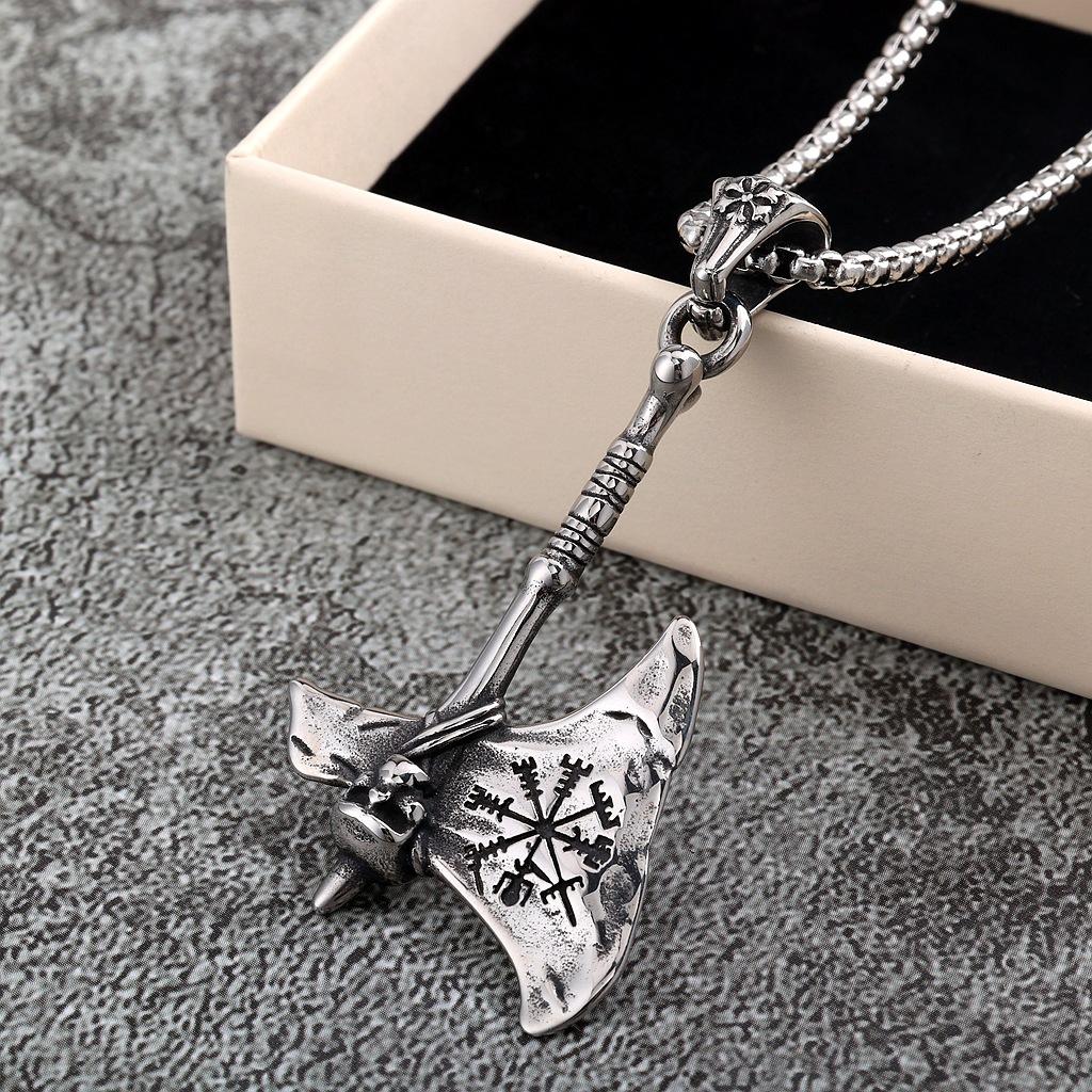 Vintage Stainless Steel Men's Viking Battle Axe Necklace Punk Style Pendant