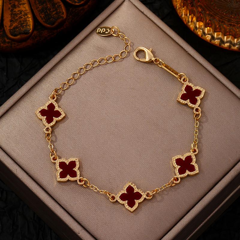 Luxury Vintage Rhinestone Four Leaf Clover Bracelet for Women Girls Fashion Five Leaf Flower Wrist Chain Jewelry Bijoux Gifts