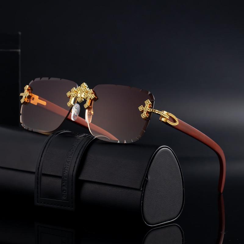 Rimless Cut Edge Gradient Pink Sunglasses Women Diamond Inlaid Metal Geometric Decor UV400 Gradient Lens Fashion Party Shades