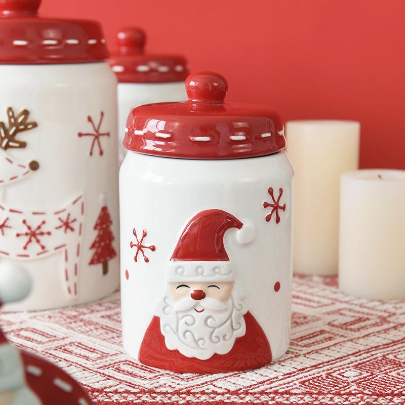 Nordic Style Santa Claus Elk Tree Round Ceramic Sealed Jar Candied Dried Fruit Nut Food Storage Container Kitchen Accessories