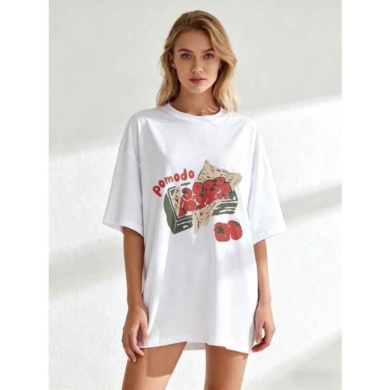 

Oversized T Shirt Black Pomodoro Tomato Print And Text Casual Wear For Women Summer Outfit Streetwear Fashion Trendy Top XXXXL