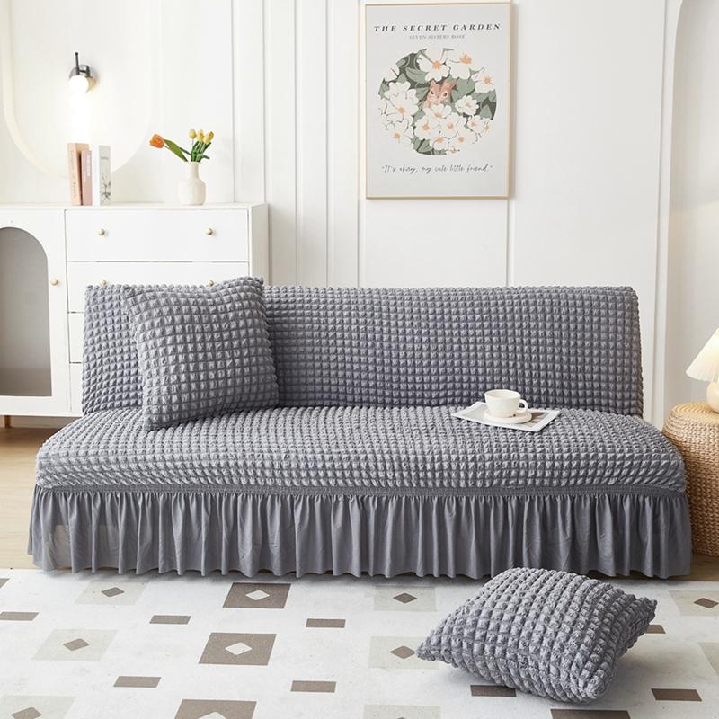 Stretch Slipcover for Armless Sofa Bed Seersucker Fabric Elastic and Washable with Skirt Easy Installation