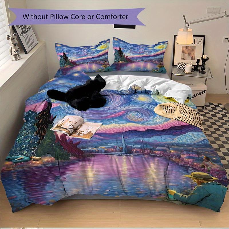 3Pcs Van Gogh Inspired Printed Bedding Set, Breathable and Soft, Machine Washable, Christmas Gift, Suitable for Bedroom Decoration, 15140