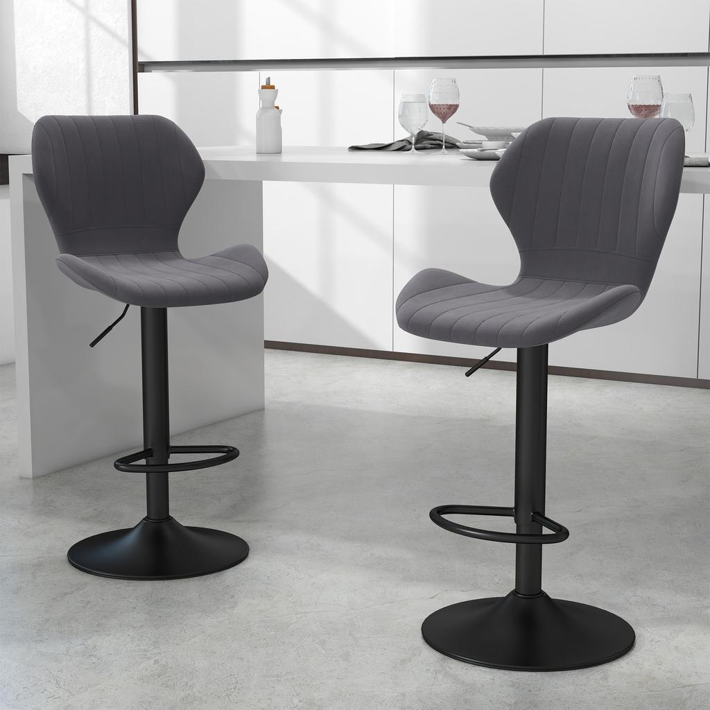 Set of 2 Height-Adjustable Bar Stools with Ergonomic Seat and Footrest, Tall Stools in Velvet Effect and Metal, 47x51.5x92-114 cm, Grey