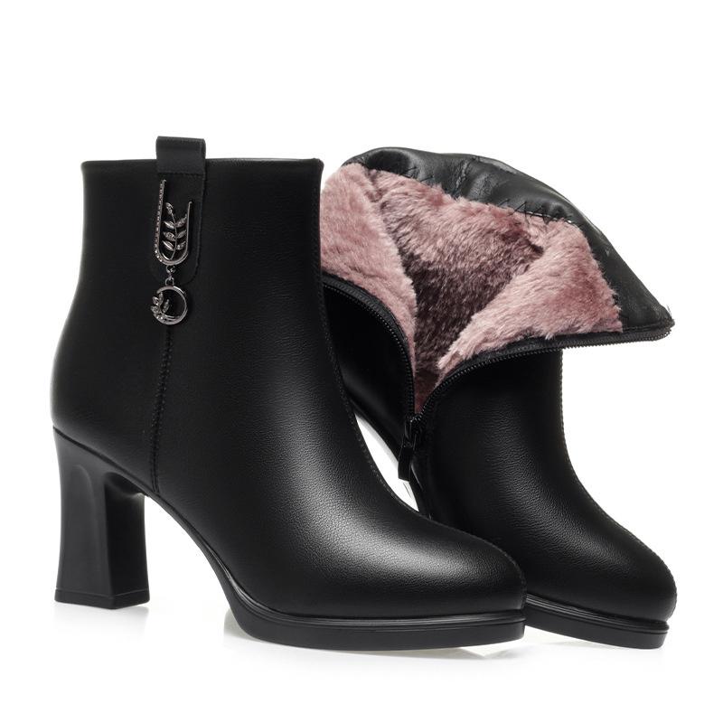 Women's Soft Leather Cotton Shoes New Fashion Waterproof Side Zipper High Heels Non-slip Lightweight Warm Boots