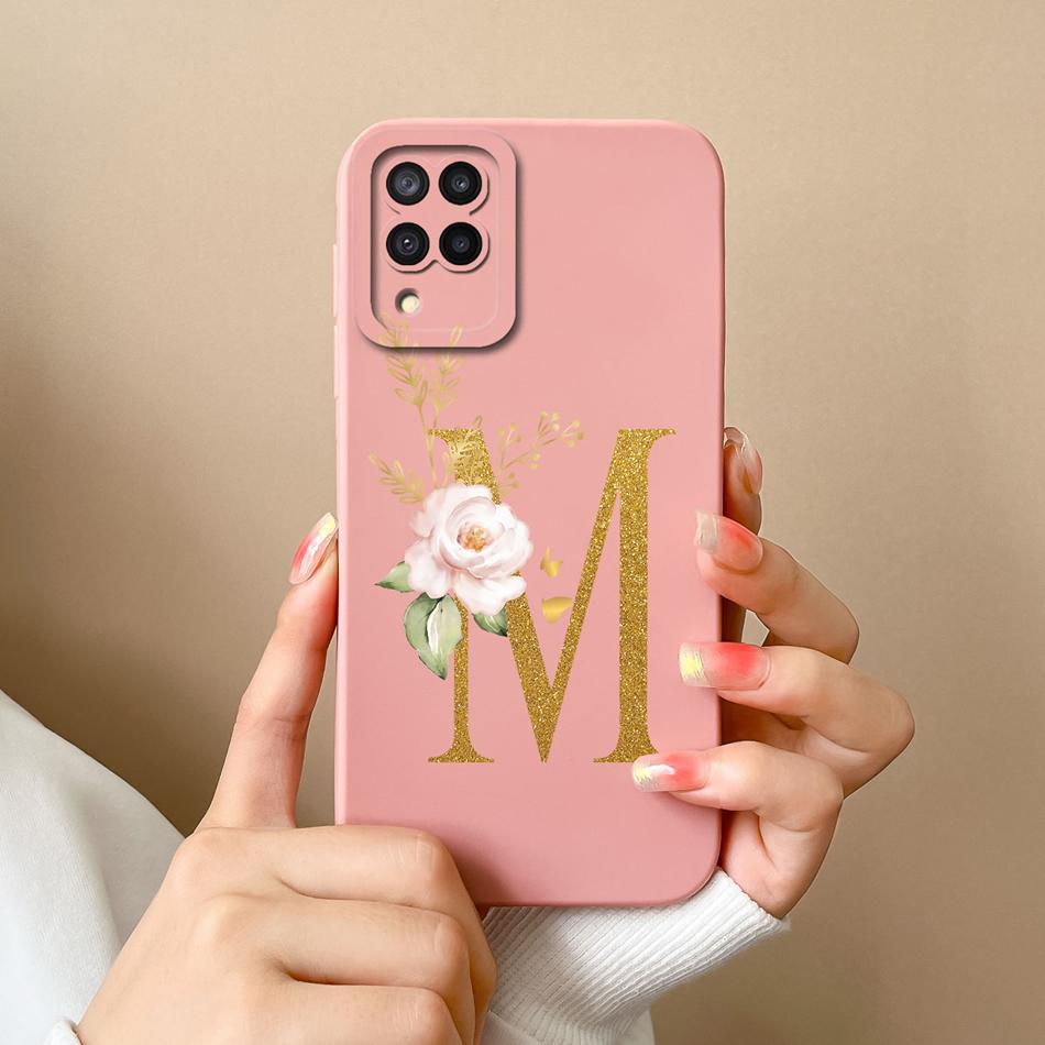 Elegant Case For Samsung M22 M32 4G 5G Rose Letter Phone Shell Lens Protective Cover For Galaxy M32 M22 Liquid Silicone Bumper