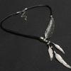 Silver Golden Feather Necklace Rhinestone Leaves Neck Pendant Leather Rope Tassel Necklace  Party