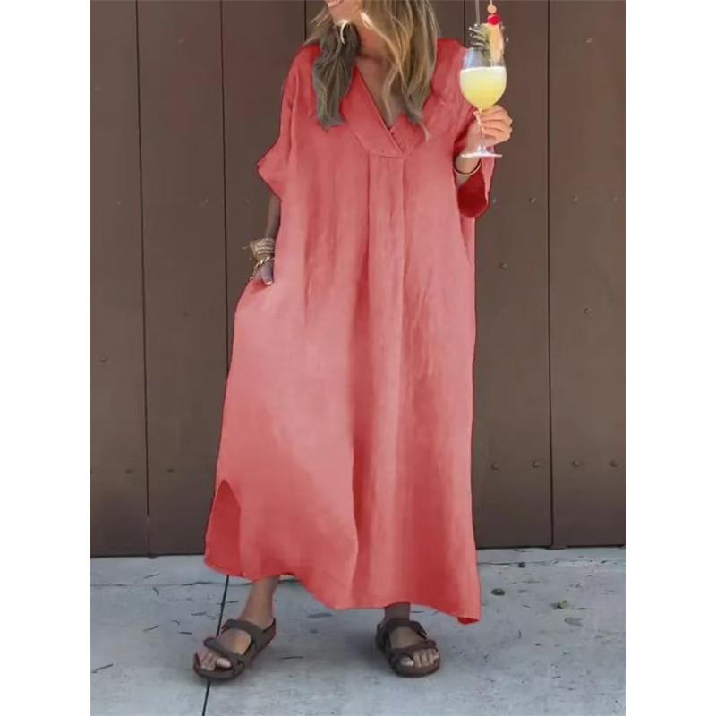 Womens Casual Short Sleeve V Neck Solid Color Long Dress