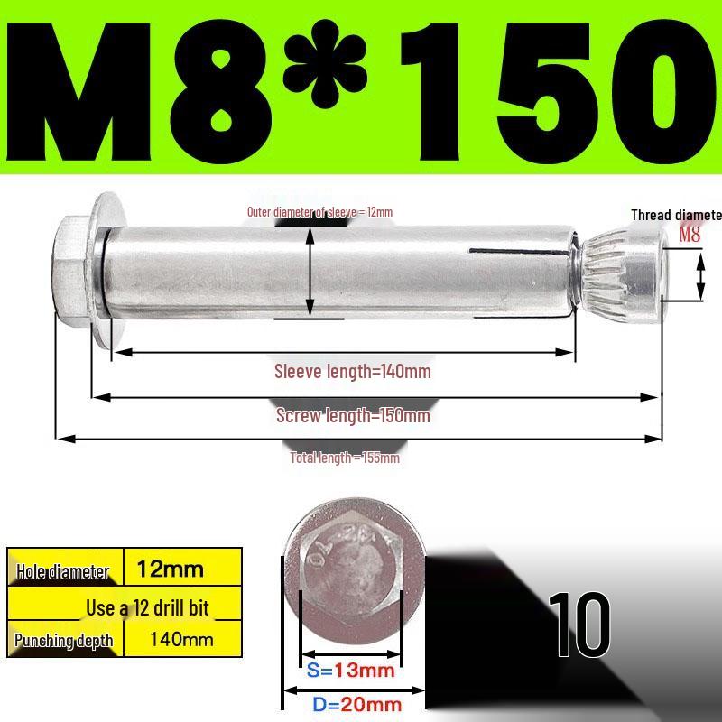 Stainless Steel Expansion Screw: Hexagonal Head with Internal Expansion (304/201), Sizes M6, M8, M10, M12.