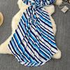 Women's Summer Waisted Tied Single Breasted Striped Shirt Long Dresses