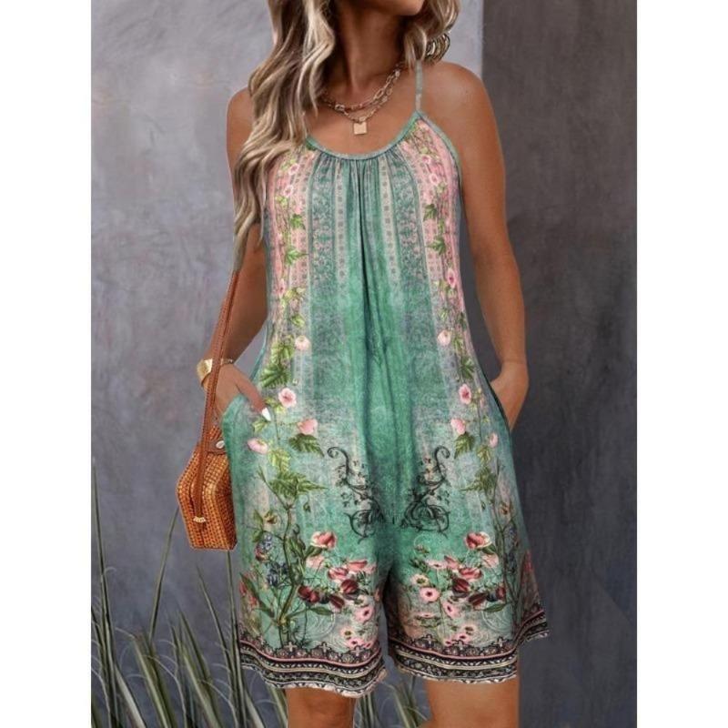 

Жіночий літній повсякденний комбінезон без рукавів з круглим вирізом на бретелях, вільні шорти, комбінезон з кишенями S зелений