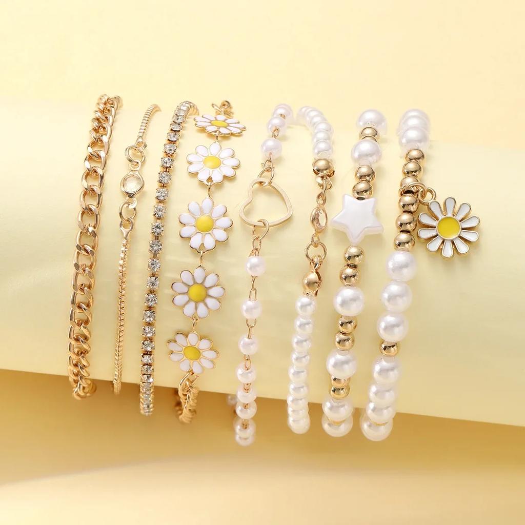 5pcs Set Charm Daisy Flower Pearl Heart Bracelet for Women Personality Trendy Multilayer Gold Color Zircon Jewelry Set Gift