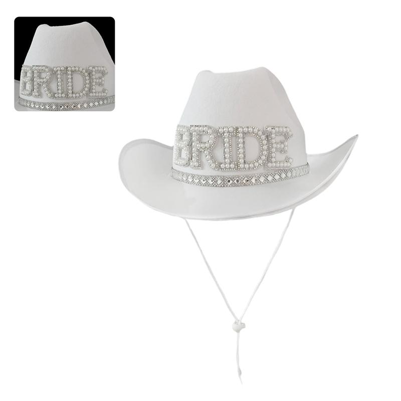Rhinestones Women Bride Letter Cowgirl Hats Wide Brimmed Bridal Western Shinning White Fedoras Hat for Photoshoot