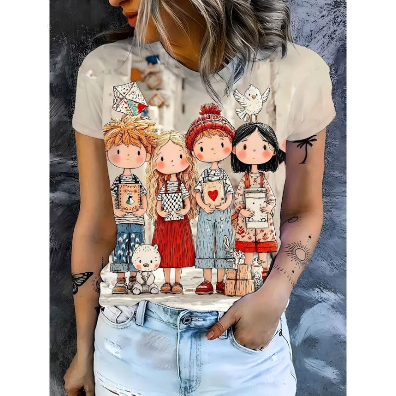 Women's Van Gogh Inspired Starry Night Landscape Printed Short sleeved T-shirt