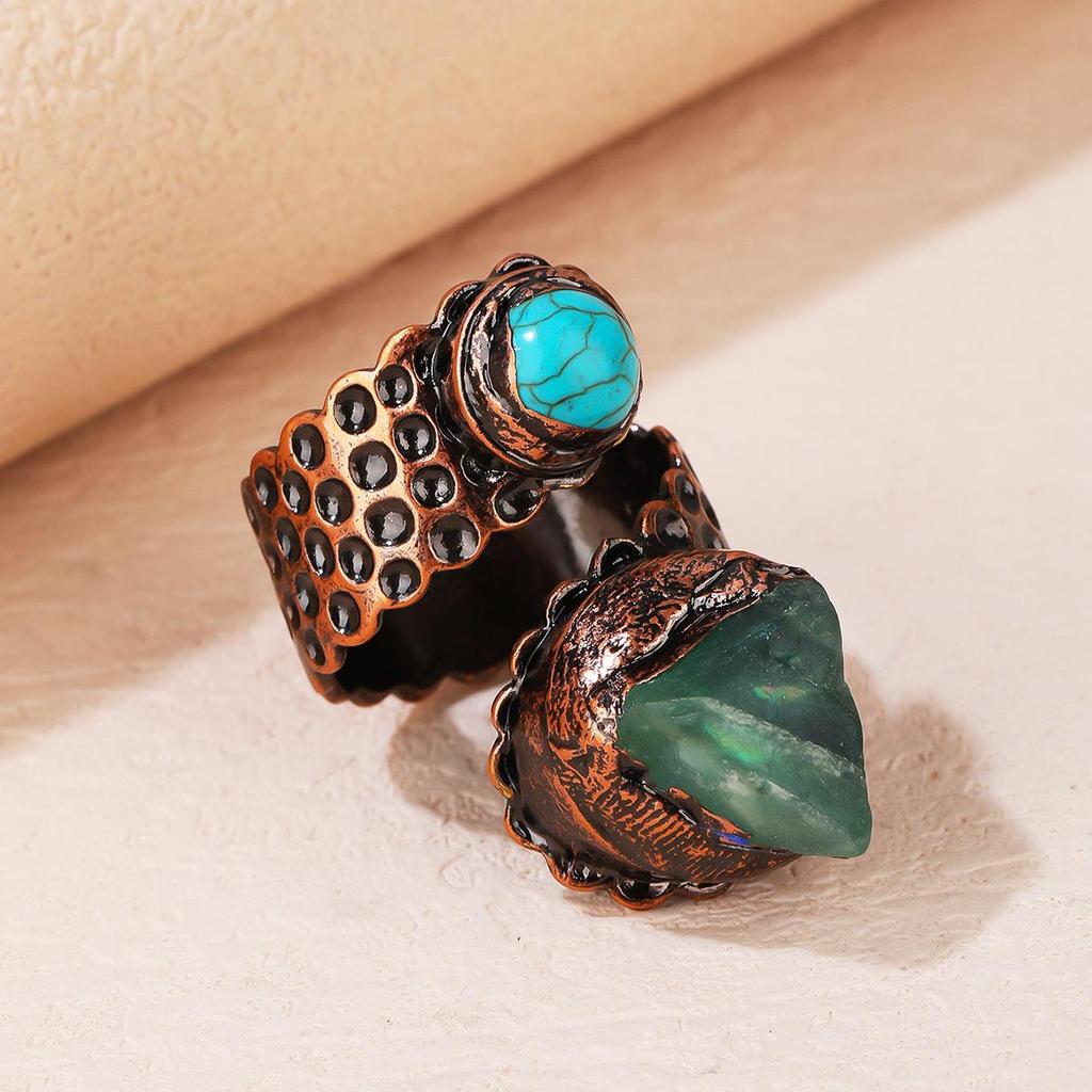 Retro Green Fluorite Handmade Adjustable Snake Ring in Electroplated Antique Bronze