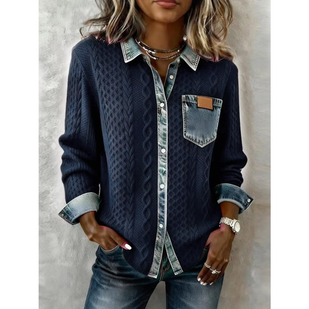 New European and American Style Women's Knitted Spliced Denim Shirt, Casual Versatile Long Sleeve Cardigan Coat for Fall and Winter