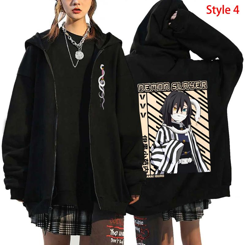 Anime Demon Slayer Kanroji Mitsuri Iguro Obanai Couple Cute Print Hooded Men Women Hoodies Manga Zip Jacket Harajuku Sweatshirt