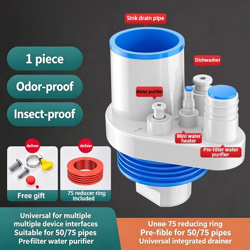 Kitchen Pipe Drainpipe Connector Five-in-One Dishwasher Sink Sewer Odor-Proof Insec Joint Water Purifier Front Filter Connector