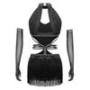 Damen Latin Dance Fransenkleid Cutout Ärmellos Träger Taille Quasten Saum Paillettenkleid mit Langen Handschuhen