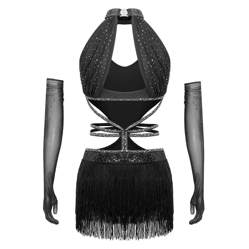 Damen Latin Dance Fransenkleid Cutout Ärmellos Träger Taille Quasten Saum Paillettenkleid mit Langen Handschuhen