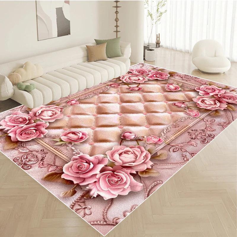 Nordic Luxury Pink Carpet Living Room Large Size Pastoral Flower Home Bedroom Rugs Washable Lounge Rug Hotel Lobby Floor Mats