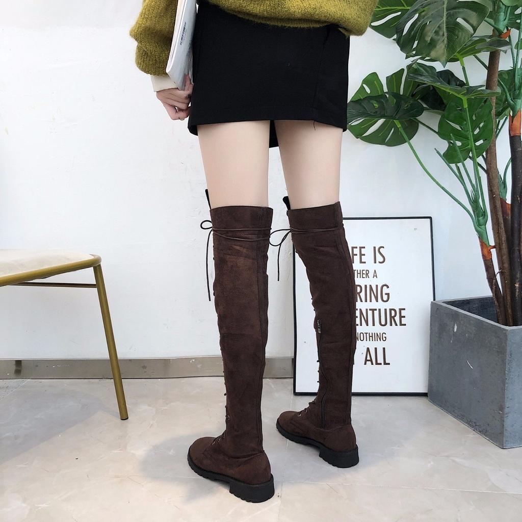 Lace-up with Laces Thigh High Elegant Low Heels Footwear Above Over The Knee Women's Boots Leather Round Toe Shoes for Woman Hot