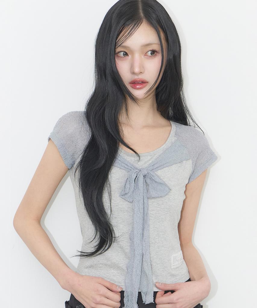 ILLIGO Lace Ribbon Contrast T-Shirt Melange