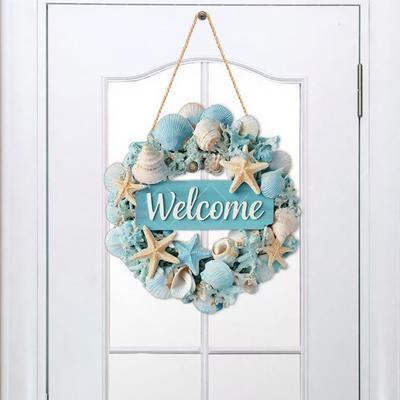 Ocean Welcome Sign Summer Beach Round Wooden Wreath Coastal Shell Starfish Door Hanger for Front Porch Outdoor Decor