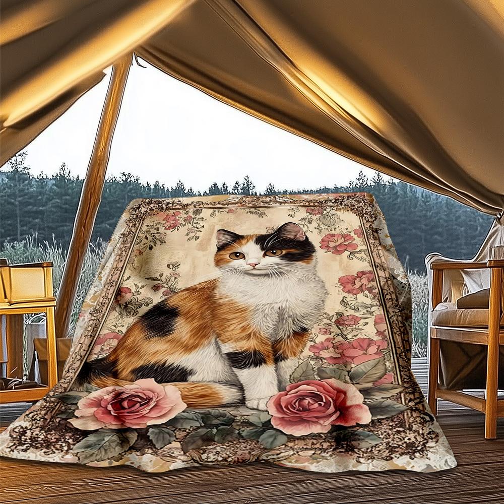 1pc Cat Portrait Outdoor Flannel Blanket Soft All Season Polyester Throw , Perfect for Picnics & Travel , Picnic Accessory