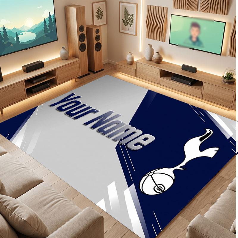 Tottenham Hotspur FC Custom Crystal Velvet Rug, Personalized Name Text Print, Football Logo Soft Non‑Slip Floor Mat Home Decor Gift