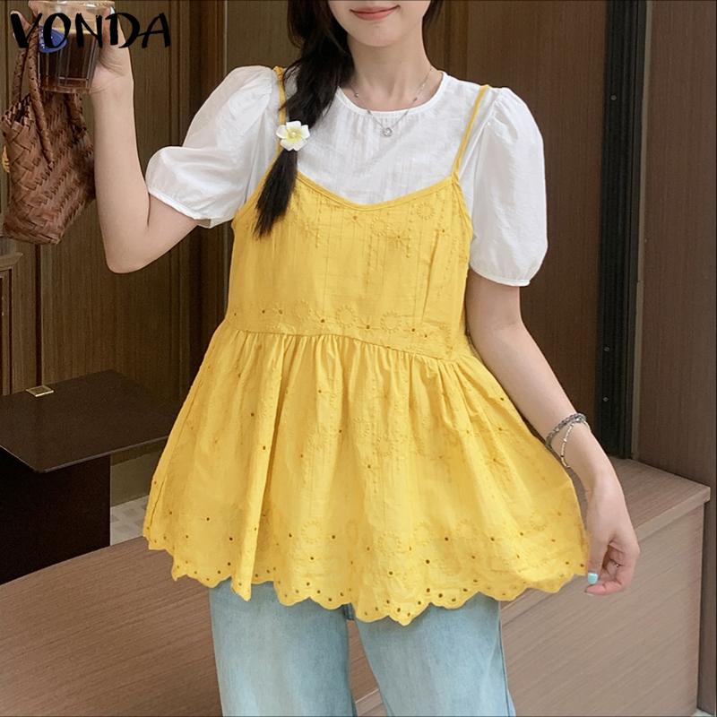 VONDA Women Short Sleeve Front Crochet Patchwork Fake Two Pieces Blouse