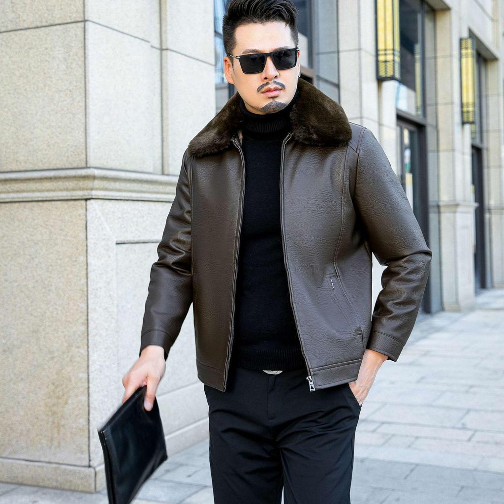 Men's Winter Casual Lapel Leather Jacket with Plus Velvet, Suitable for Middle-aged and Elderly.