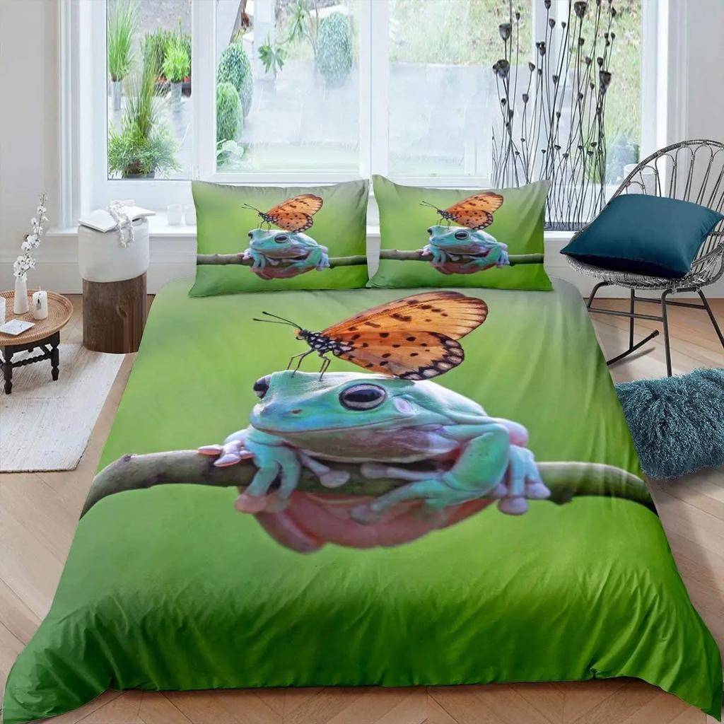 Frog Duvet Cover Set Cute Kawaii Cartoon Frog Pattern King Queen Size Polyester Comforter Cover With Pillowcase For Kids Girls