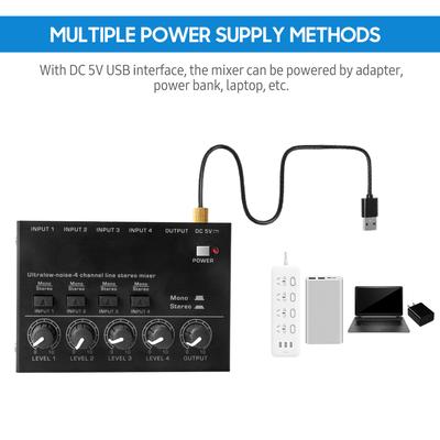 Ultra Low Noise 4 Channel Line Stereo Mixer 4 Input 1 Output DC 5V Portable Mini Audio Mixer