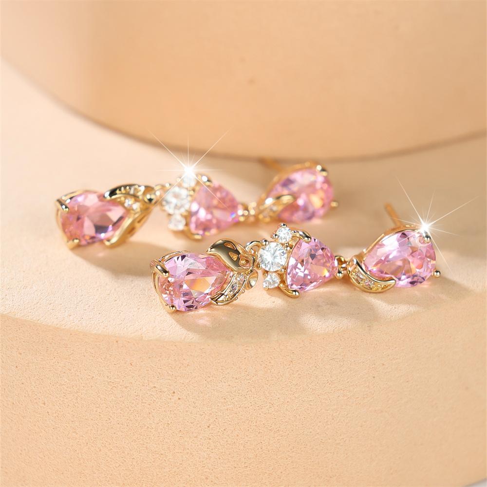 Pink Zircon Water Drop Stone Tassel Pendant Stud Earrings for Women Vintage Fashion Gold Color Wedding Jewelry Mother's Day Gift