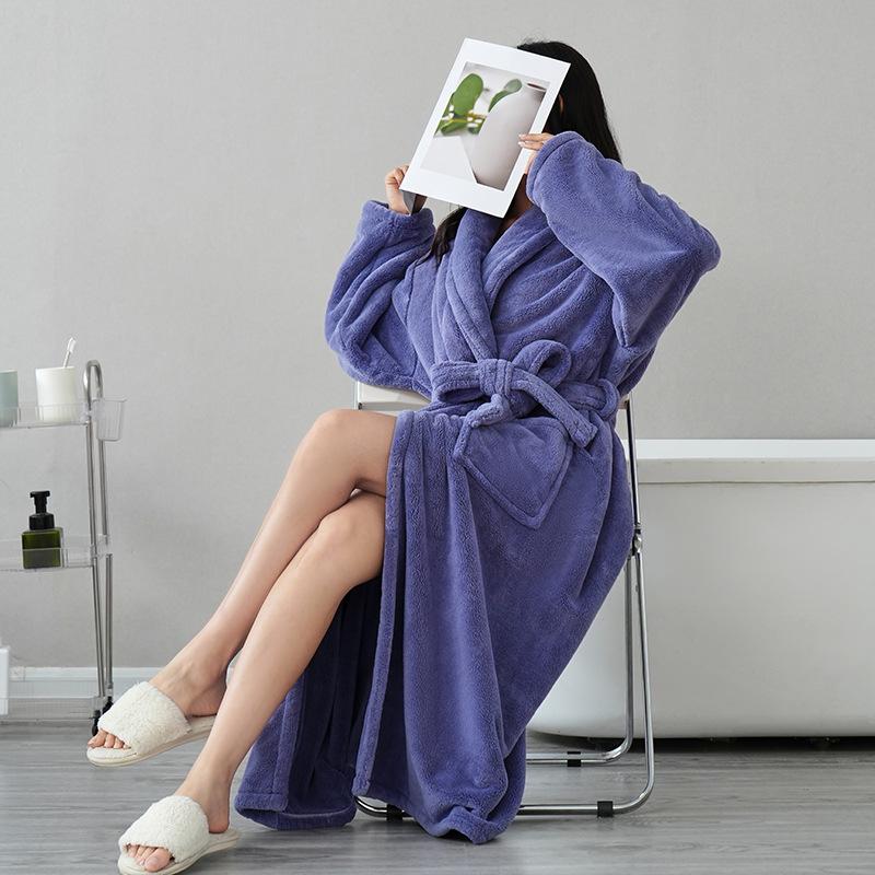 Couple's Thickened Coral Fleece Bathrobe - Autumn/Winter, Plus Velvet, Shawl Collar, Long Sleeve, Plus Size Homewear
