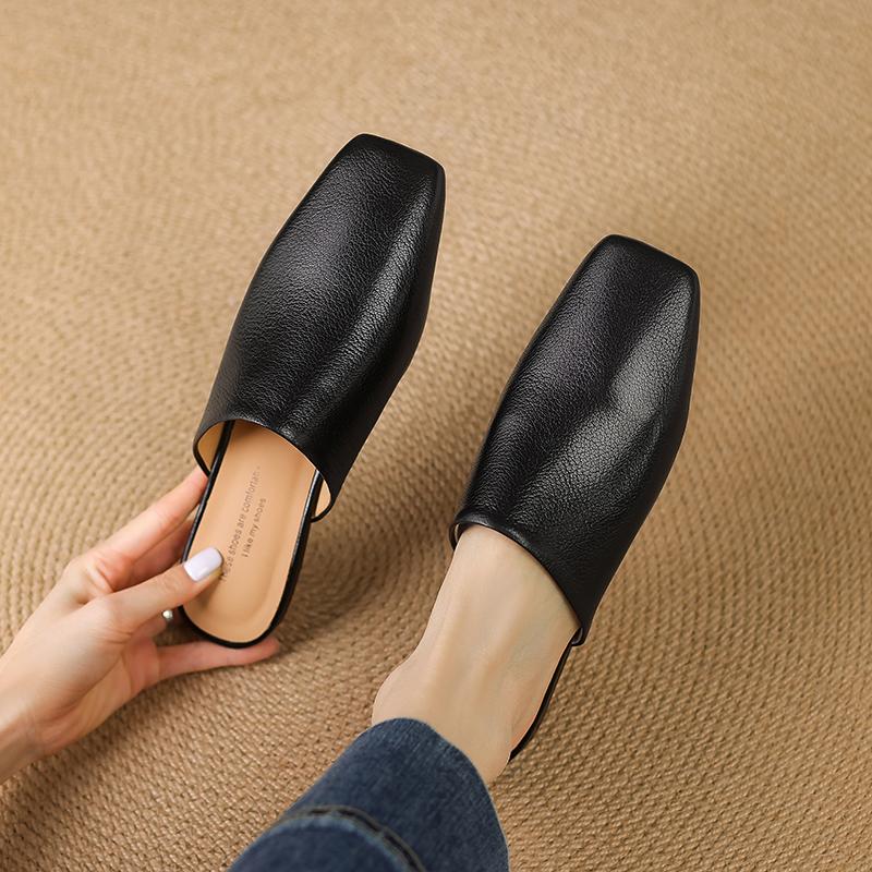 Moda 2025 Verano Zapatos de Mujer Puntera Cuadrada Zapatos Planos Zapatillas Moda Zapatos de Cuero Vacuno para Mujer Mules Casuales para Mujer Sandalias