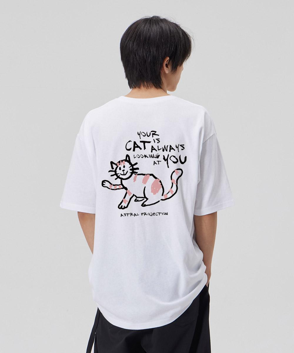 Astral Projection [Doodle Cat] Cotton Loose Fit Short Sleeve T-Shirt_White Xxl