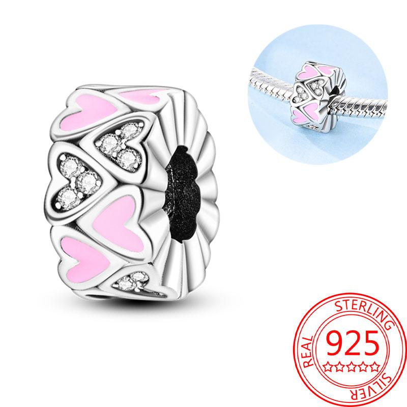 Breloque Pendentif Perles Cœur Rose Scintillant Cuivre Compatible Bracelet Original Pour Femmes Bijoux Cadeaux Saint-Valentin