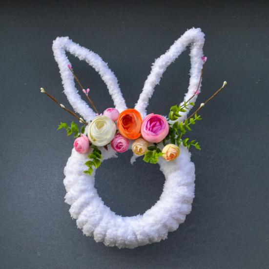 Easter Bunny Wreath for Front Door Yarn Wrap Rabbit Shaped Wreath with Artificial Flowers for Spring Porch Wall Window Indoor Outdoor Decor