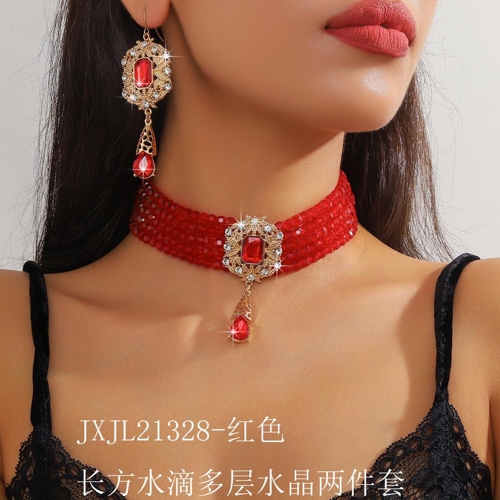 European and American Luxury Multi-layer Crystal Water Drop Pendant Bundle Neck Chain Jewelry Earrings Exaggerated Color Crystal Necklace Women